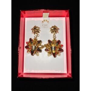 NEW C&C California Gold Bow Gold Tone Dangle Earrings Christmas Holiday